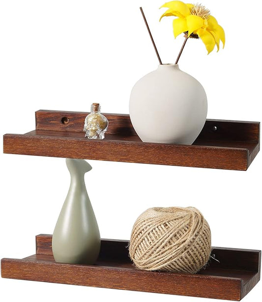 12 Inch Floating Shelves Wall Mounted Set of 2, Rustic Wall Shelves for Decor and Storage, Solid Walnut Wood Shelf, Picture Ledge for Bedroom/Bathroom/Living Room/Kitchen, Walnut Color, 12*4*1.5