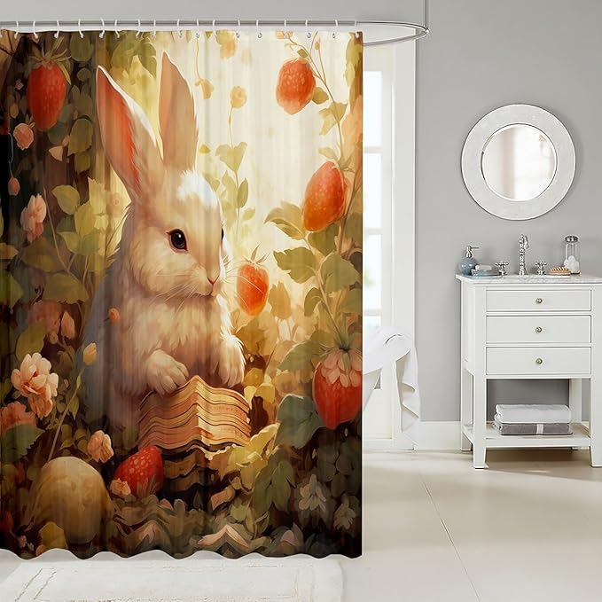 Feelyou Rabbit Fabric Shower Curtain Cute Cartoon Rabbit Shower Curtain for Teens Funny Bunny Bathroom Waterproof Accessories with 12 Hooks Kawaii Animal Curtains,72x84 Inches