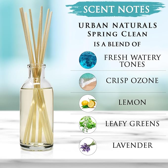 Urban Naturals Spring Clean Reed Diffuser Oil Set | Fresh, Crisp Fragrance of Lemon, Leafy Greens & Lavender | Essential Oil Room Scent Infuser with Reed Sticks | Made in The USA