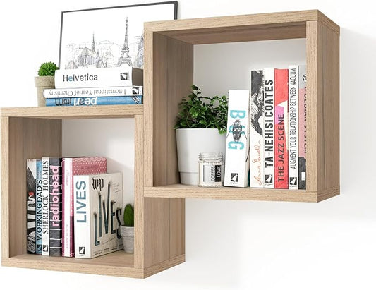 Kaboon Cube Floating Shelves Set2, Display Shelves Wall Mount 7.75" D x 12.5" W x 12.5" H, (Grey Oak, Square 2 Cubes)