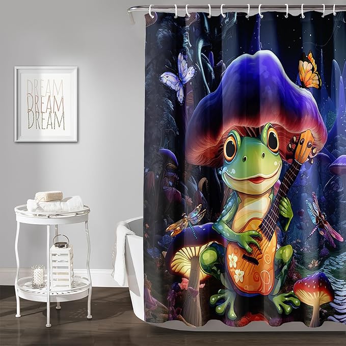 AILONEN Frog Mushroom Shower Curtain,Guitar Frog Amphibious Animal Waterproof Fabric Bath Curtain for Kids Girls,Boho Magic Mushroom Shower Curtain Set for Bathroom with Hooks,48" W*72" H