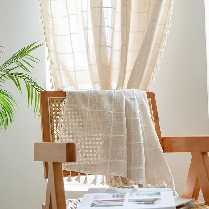 Sutuo Home Boho Curtains for Living Dining Room Bedroom 96 Inch Length, Light-filtering Vintage Chic Tassels Farmhouse Linen Window Treatment Bohemian Drape, 1 Panel 52" W x 96" L, Light Coffee Plaids