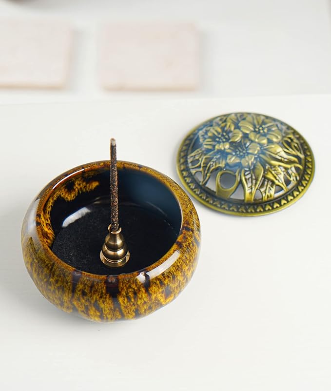 Incense Burner with Calabash Incense Stick Holder - Porcelain Charcoal Censer for Use with Resin Granular Powder Cone or Coil Incense (Kiln-Colored Yellow)