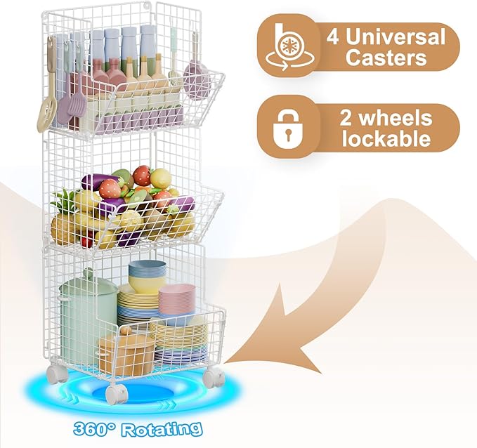 Sonyabecca Toy Organizer Basket Shelf with Wheel, S-Hooks, Rolling Cart Hanging Storage Baskets for Child Room, Playroom, Bedroom, Kitchen (White)