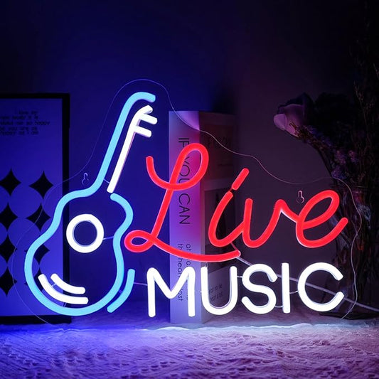 Live Music Neon Sign for Wall Decor - Dimmable LED Light for Studio, Guitar, Bar, Concert, Party, Man Cave - Room Decoration Gift