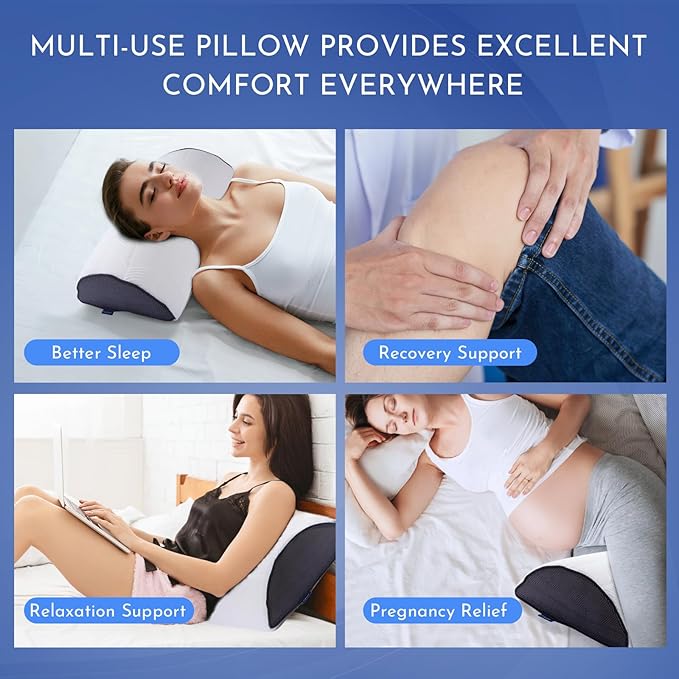 Memory Foam Half Moon Bolster Pillow, for Under Knee, Back, Ankle and Foot Support for Yoga, Sleep, and Lumbar Relief, Ergonomic Design with Washable Cover, 20.5" x 8" x 5"