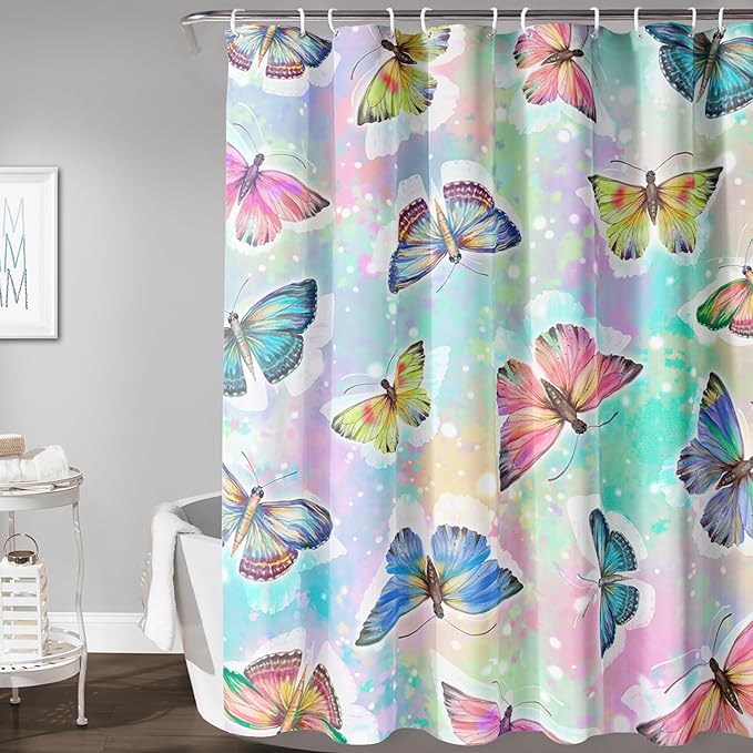 AILONEN Butterfly Shower Curtain,Rainbow Butterfly Bath Curtain,Modern Tie Dye Butterfly Art Decorative Shower Curtain with 12 Plastic Hooks (Kids/Girls/Women/Teen/) 72" W*84" H