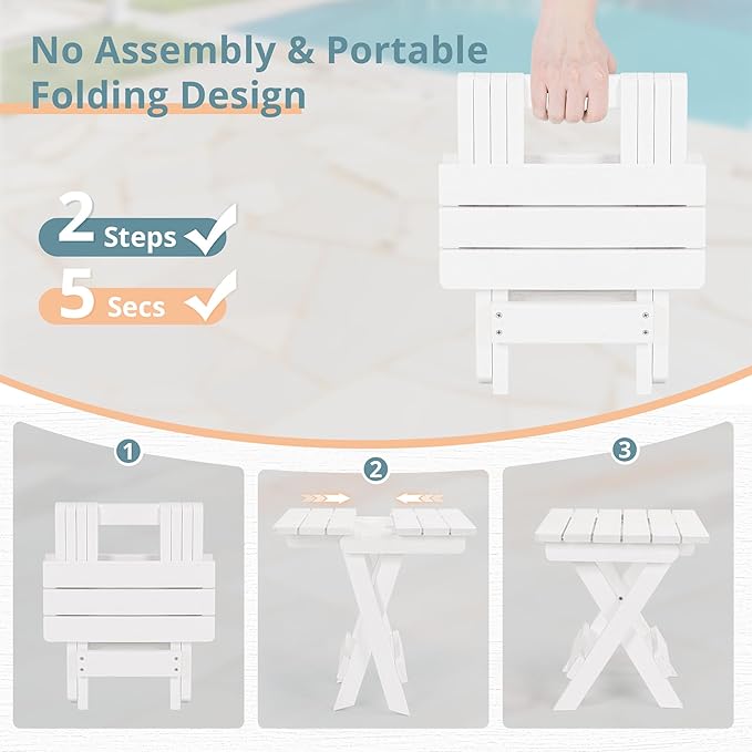 LUE BONA Small Outdoor Folding Side Table, Indoor Shower Bench Stool, HDPS End Table for Bathroom, Patio, Pool, 14 Inch Height, White
