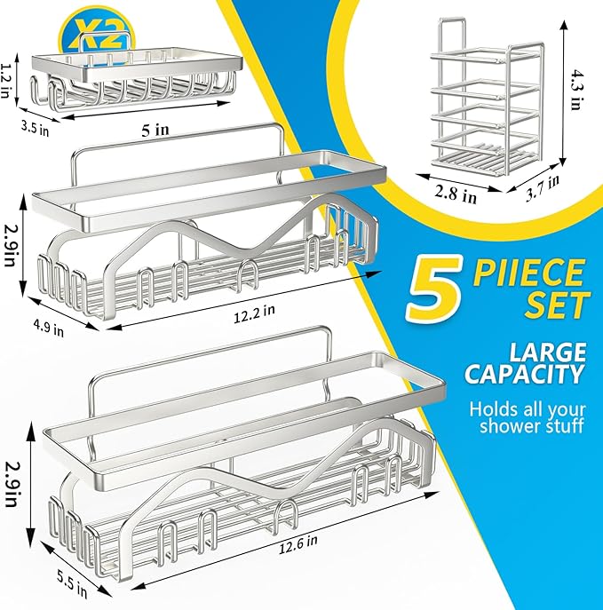 Coraje Shower Caddy, Shower Shelves [5-Pack], Adhesive Shower Organizer No Drilling, Large Capacity, Rustproof Stainless Steel Bathroom Shower Organizer, Shower Shelf for Inside Shower (Silver)