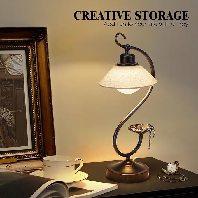 V05 Vintage Flower Table Lamp - Dimmable Nightstand Lamps with USB C+A Charging Ports, Farmhouse Touch Bedside Lamp, Unique Small LED Lamps for Bedroom, Living Room, Entry, Dining, Entryway