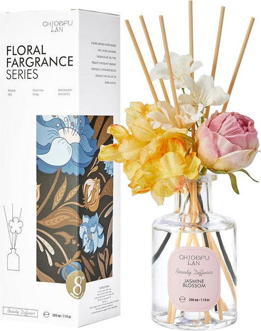 Chloefu Lan Reéd Diffuser Set 6.7oz (200ml) with 9 Sticks, Jasmine Blossom Scent Diffusers for Home, Flowers Reéd Diffuser Sticks, Scentsy Home Fragrance, Scented Oils, Home & Bathroom Décor