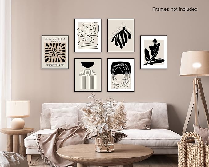 Boho Wall Art Mid Century Modern Decor Canvas Prints Set of 6 Black And White Neutral Abstract Boho Wall Decor for Bedroom Living Room Bathroom 8"x10" UNFRAMED