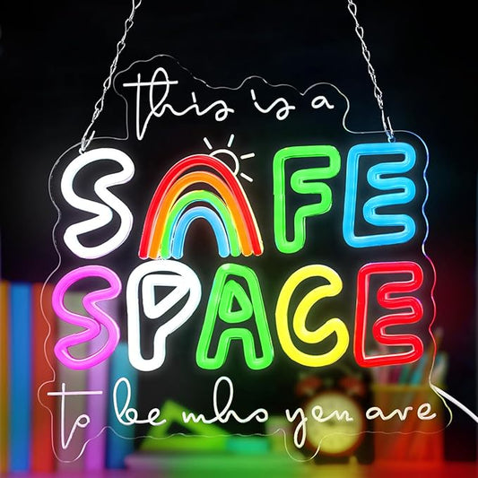 Retisee 13x13 Inches Safe Space Neon Sign This Is a Safe Space to Be Who You Are LED Neon Sign Dimmable Light up for Classroom Therapy Office Home Room Wall Decor