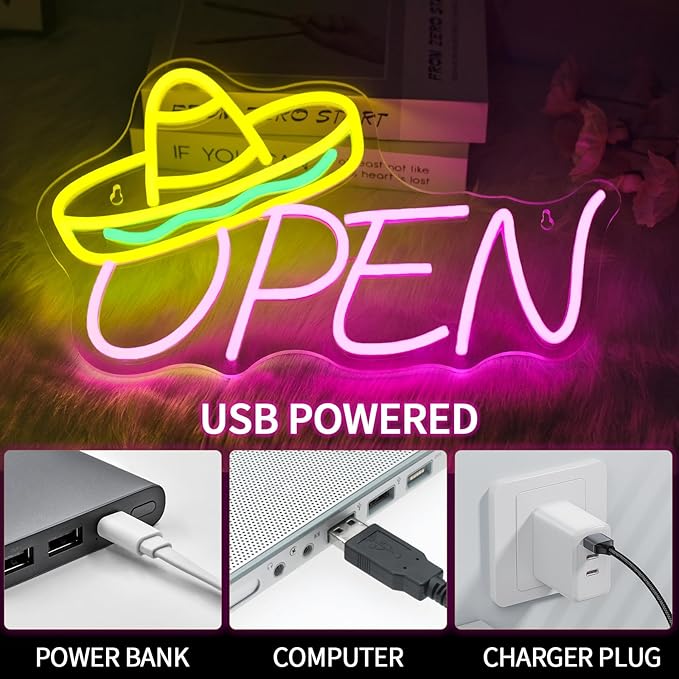 Open Neon Sign for Wall Decor Dimmable Led Lights Signs Open Signs for Business Yellow Neon Light Pink Room Decor for Tacos Shop Bar Party Stores Hotel Restaurant Gift USB Powered