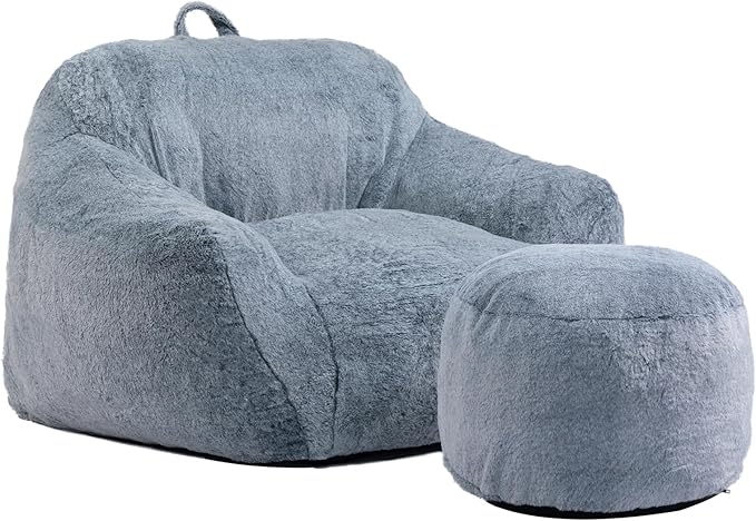 HollyHOME 15"(H) Bean Bag Round Ottoman Pouf, 6.6LB Memory Foam Filled Footstool for Sofa, Accent Stuffed Footrest Stool with Washable Cover, Single Footrest Stool for Living Room, Bedroom, Blue Gray