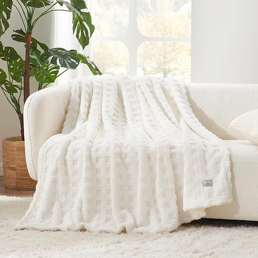 Cozy Bliss Soft Queen Size Waffle Blanket - Lightweight Cozy Blankets Gift for Women,Cute Checkered Throws Blanket for Bed, Couch and Sofa,Ivory,90x90 Inches