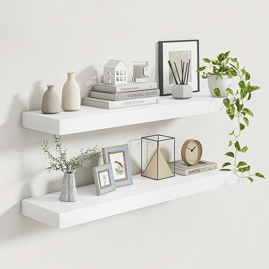 9.3 Inch Deep Floating Shelves, White Solid Wood Floating Shelf Wall Mounted, 36 x 9 Large Display & Storage Shelves for Books, Living Room, Bathroom, Rustic Wooden Wall Shelves, Heavy-Duty, Set of 2