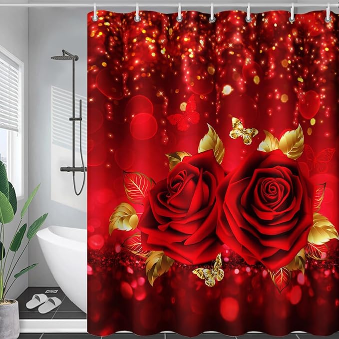 AILONEN Red Rose Shower Curtain for Bathroom,Romantic Rose Flower Waterproof Bath Curtain,Girls Women Curtain Bathroom Decor 60" W x 72" H with 12 Plastic Hooks