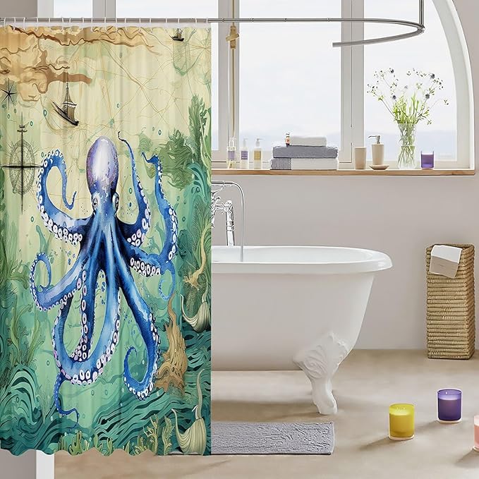 Feelyou Octopus Print Shower Curtain 72"x72" Kids Sailboat Printed Bathroom Shower Curtain Set for Boys Girls Teens Ocean Themed Bath Curtain Marine Life Sealife Bathroom Accessories