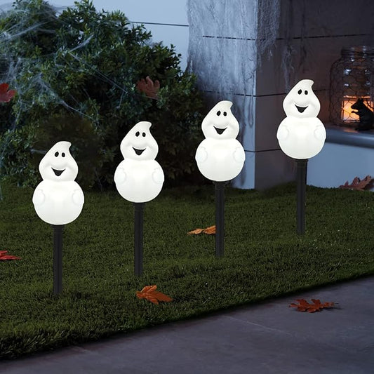 Halloween Ghost Pathway Lights Outdoor, Set of 4 Pre-lit Ghost Pathway Markers Stake Battery Operated Waterproof for Path, Yard, Lawn, Garden, Landscape Halloween Party