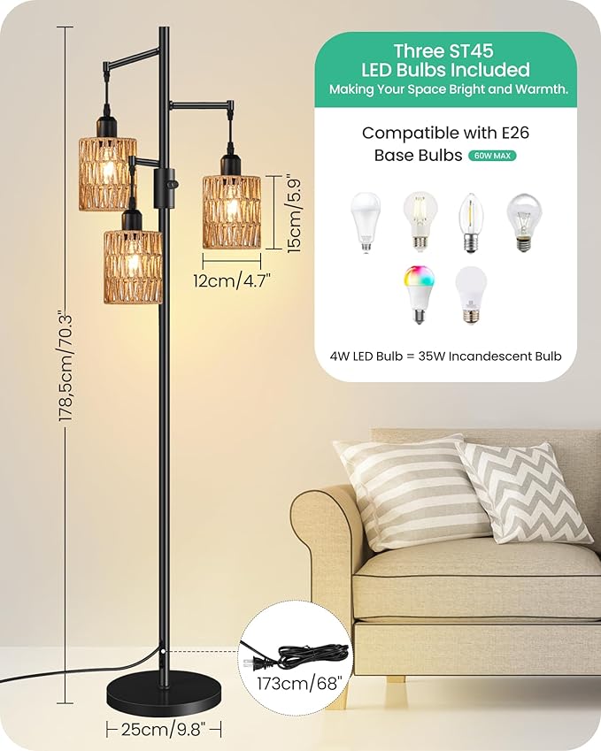 Dimmable Floor Lamp, Farmhouse Tall Standing 70.3" Tree Lamp with 3 Rope Woven Lampshades, Boho Rattan Floor Lights, 4W 3 LED Bulbs Included, for Living Room, Bedroom, Study, Office B03LD05