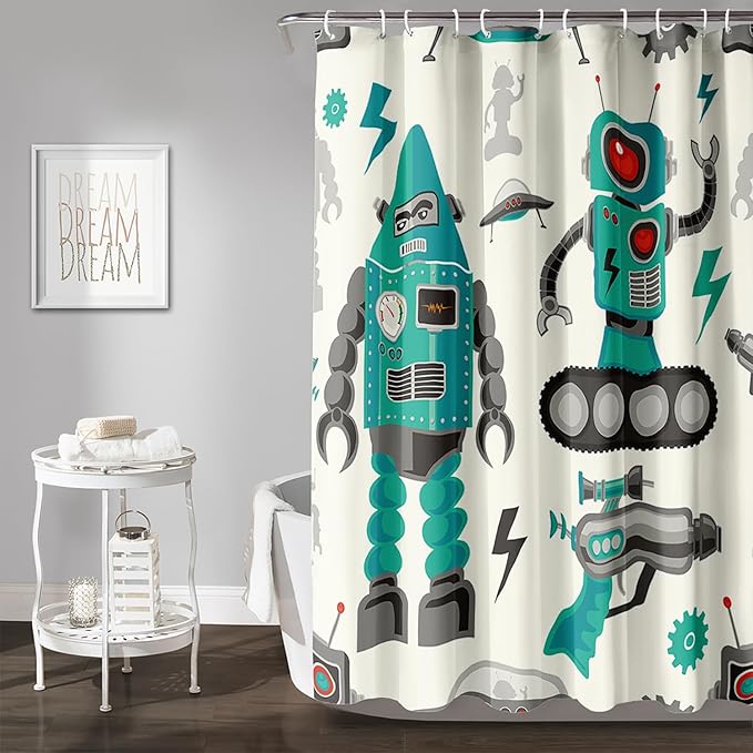 AILONEN Robot Shower Curtain,Cartoon Green Tank Robot Bathroom Decors, 48" W*72" H Logistic Robots Waterproof Shower Curtain for Boys Girls Teens Kids