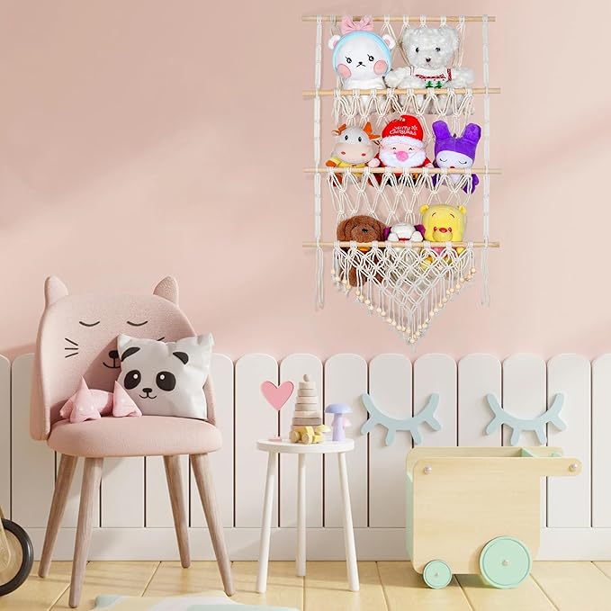 3 Tiers Plush Toy Organizer Hammock with Beads Tassels, Nursery Boho Stuffed Animals, Over the Door Organizer, Net Bag Storage Rack Bookshelf Hammocks Home Decor, 3 Layers