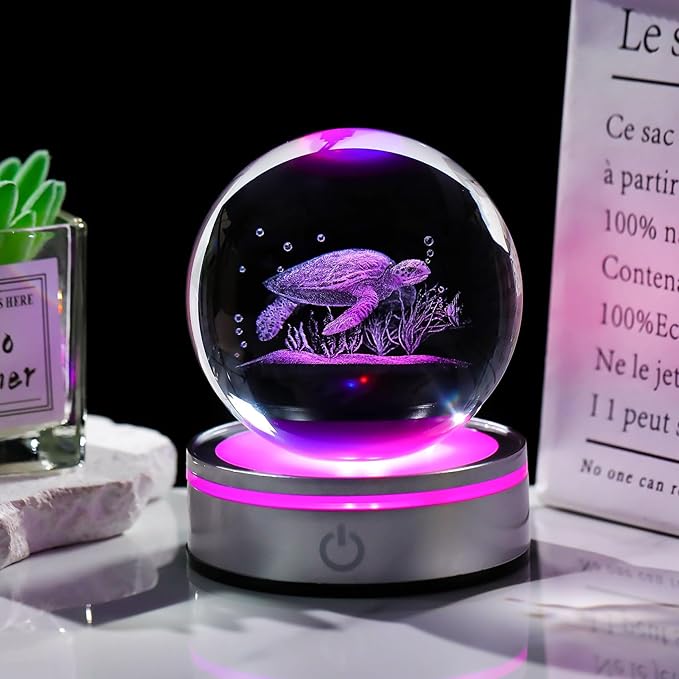 Movdyka Sea Turtle Gifts for Women Men 3D Sea Turtle Decor Statue Crystal Ball Night Light, Laser Engraved Sea Turtle Ornament Figurine Glass Snow Globe Room Decorations Crafts