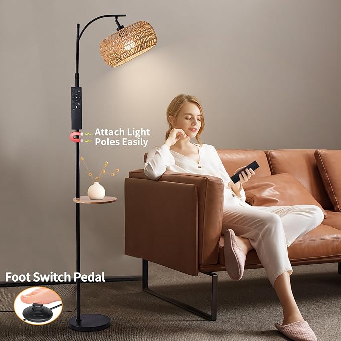 Black Floor Lamp for Living Room, Boho Rattan Floor Lamp with Shelf Farmhouse Standing Lamp with 3 Color Temperature, Arc Cornor Tall Lamp for Bedroom Office,Remote & Dimmable LED Bulb Included.