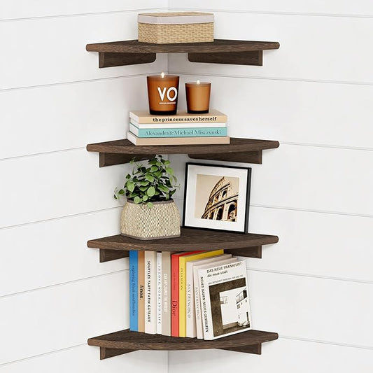 Forbena Large Corner Floating Shelves Set of 4, 12 Inch Deep Wall Mounted Corner Shelves for Bedroom, Livining Room (Rustic Brown)