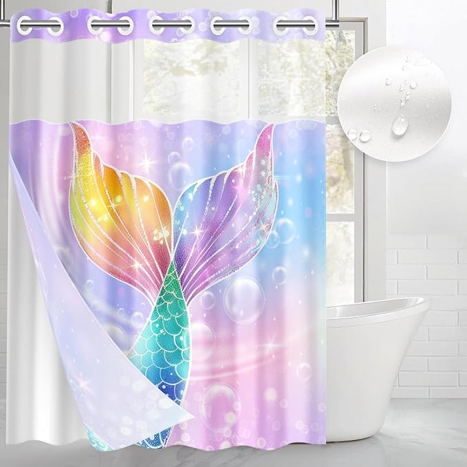 Mermaid Galaxy Summer No Hook Shower Curtain with Snap in Liner, Pink Purple Kids Girl Bath Curtain with Double Layers Waterproof Fabric and Mesh Top Window 71x74 Inch