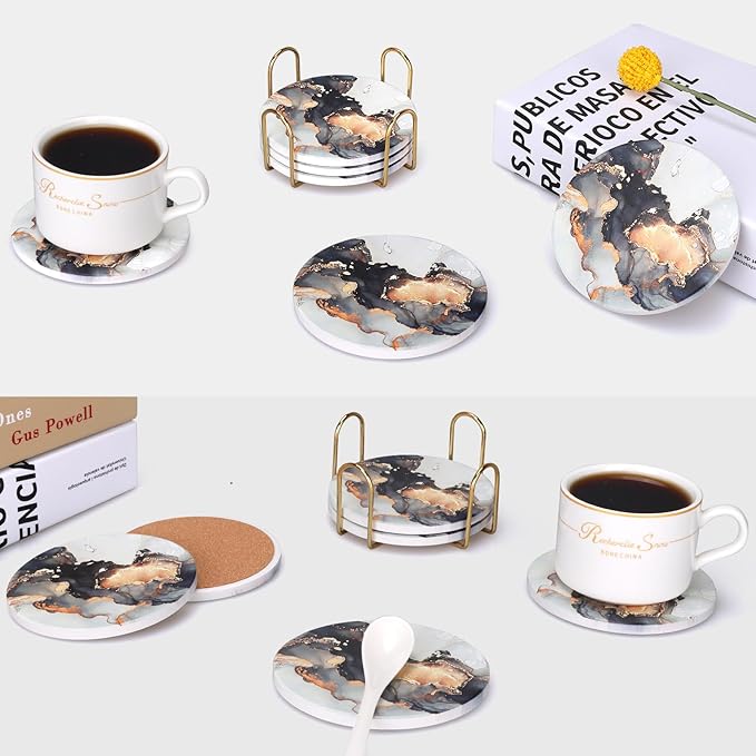 6 Pcs Black Marble Abstract Ceramic Coasters with Holder Best Round Drink Absorbent Coaster for Desk, Lounge, Coffee Table, Wine, Beverage, Bar Coasters Set