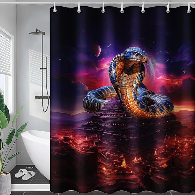 AILONEN 3D Snake Shower Curtain,Red Starry Retro Pyramid Snake Bath Curtain for Bathroom Decor,Terror Snake Printed Polyester Waterproof with Plastic Hooks 36" W*72" H