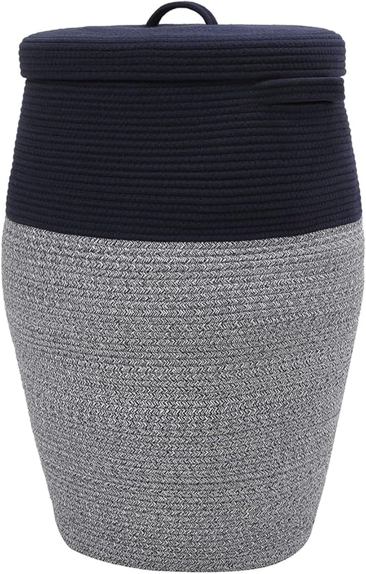26" x 20" Tall Extra Large Storage Basket with Lid, Cotton Rope Storage Baskets, Woven Laundry Hamper with Cover, Cloth Storage Bin, for Clothes Towels in Living Room, Dark Blue Mix