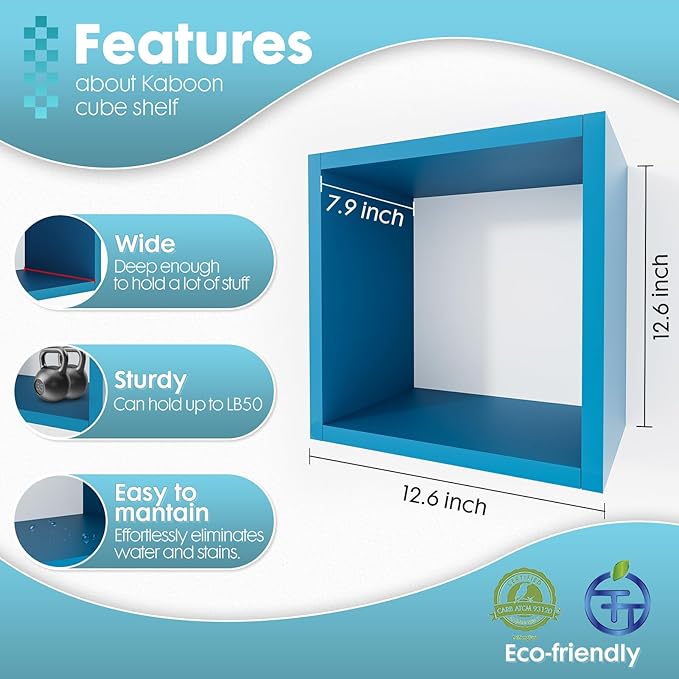 Kaboon Cube Floating Shelves Set2, Display Shelves Wall Mount 7.75" D x 12.5" W x 12.5" H, (Cyan, Square 2 Cubes)
