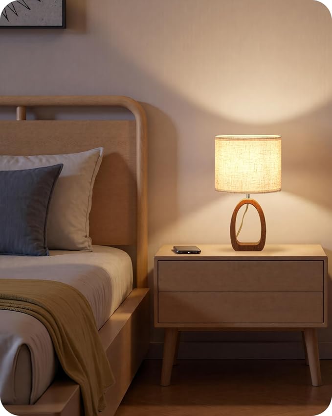 Small Table Lamp, Wood Bedside Lamp with Linen Lampshade, Modern Nightstand Lamp, Cute Desk Lamp for Living Room, Bedroom, E26 Base, Bulb Not Included, Beige and Dark Natural LE07TL05