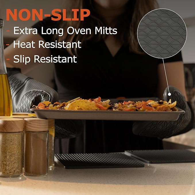 Extra Long Oven Mitts and Pot Holder Set for Ultimate Kitchen Safety- hot Pads and Oven Mitts- Heavy Duty- Silicone Heat Resistant Oven Mitts and Pot holde(Dark Gray)