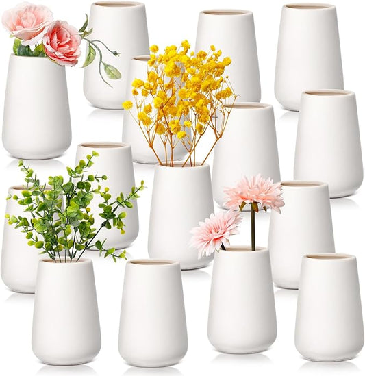 Tioncy 15 Pack White Ceramic Bud Vases Bulk 3.9 Inch Boho Small Flower Ceramic Vases for Centerpieces for Dry Flowers Pampas Garss Home Wedding Table Decor(Stylish)