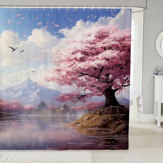 Feelyou Cherry Blossom Fabric Shower Curtain Floral Bathroom Waterproof Accessories with 12 Hooks for Kids Teens Adults Nutrue Theme Shower Curtain Tree of Life Curtains,72x72 Inches