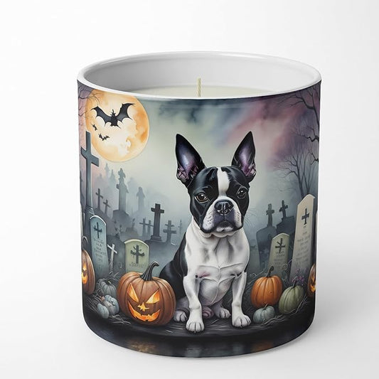 Caroline's Treasures DAC2020CDL Boston Terrier Spooky Halloween Decorative Soy Candle Nature Soy Wax Essential Oil Home Decor Ideal for Bedroom Kitchen Bath Office Gift, 10 oz