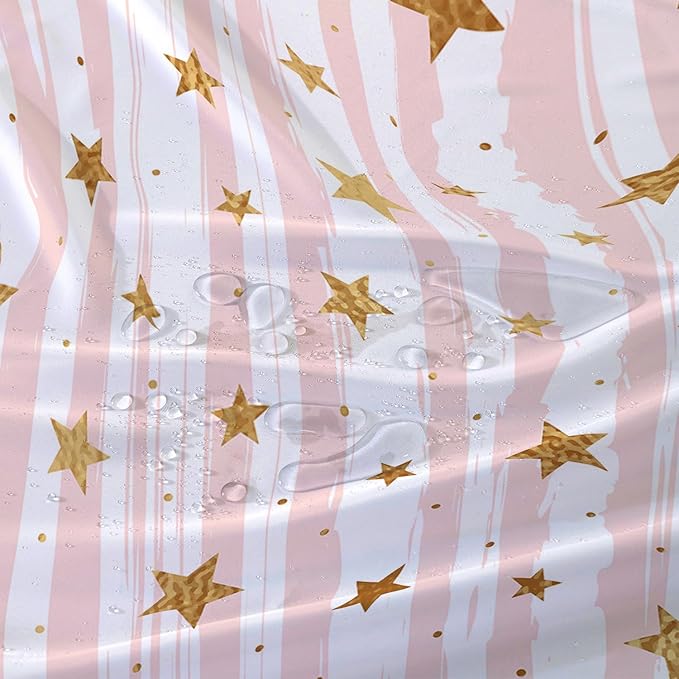 AILONEN Stars Shower Curtain, Pink Striped and Gold Stars Waterproof Shower Curtain,Simple Vintage Style Shower Curtain Liner for Girls Women Adults,60" W*72" H