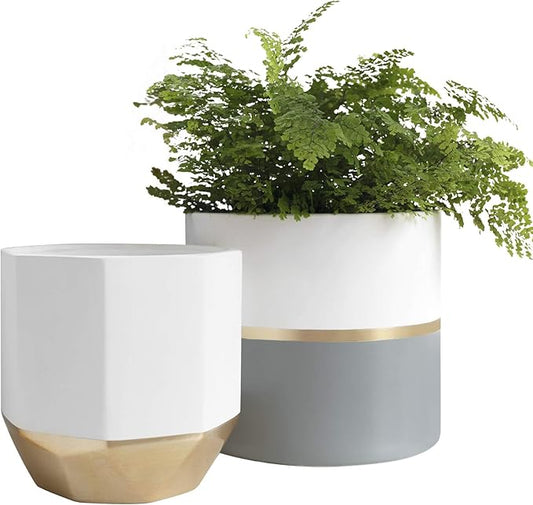 LA JOLIE MUSE Large White Ceramic Plant Pots - Garden Planters 10 + 8.1 Inch Indoor Flower Pots, Plant Containers with Gold and Grey Detailing