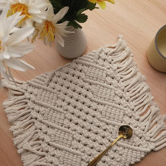 Handmade Cotton Woven Crochet Placemat with Tassels, 10 x12 Inches Small Place Mat for Bohemian Wedding Décor, Boho Table Mat for Farmhouse, Rustic Décor for Dining Table, Beige