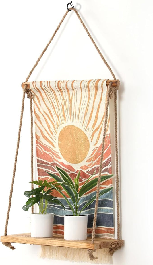 Wall Mounted Shelf, Bohemian Style Decorative Hanging Cloth, Handmade Natural Material, Suitable for Living Room Bedroom Home Storage Hanging Indoor Plant Shelf (Sunrise Type)