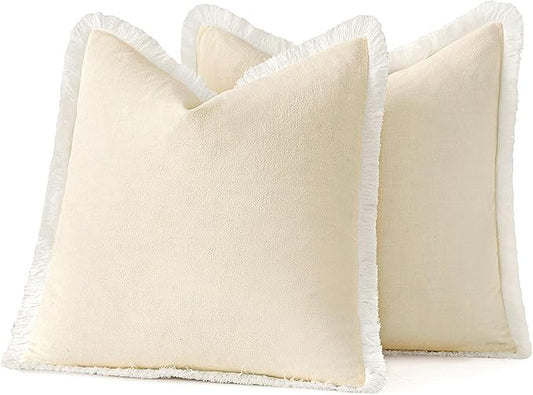 MIULEE Decorative Throw Pillow Covers Neutral Linen Fringe Throw Pillows Set of 2 Cream White Boho Farmhouse Cushion Covers with Tassels for Couch Sofa Bed Living Room Spring Home Decor 18x18 Inch
