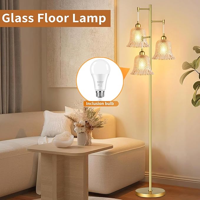 Gold Floor Lamp for Living Room,Bedroom,Tree 3 Light Standing Lamp Mid Century Modern Brass Tall Floor Lamps Vintage Retro Floor Lights Glass Green Flower Lamp Shade Farmhouse Boho Bohemian