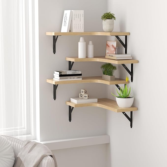 Corner Floating Shelves Wall Mounted Set of 4, Rustic Wood Storage Display Wall Shelves for Home Decor, Bathroom, Kitchen, Bedroom, Living Room, Office (Natural)