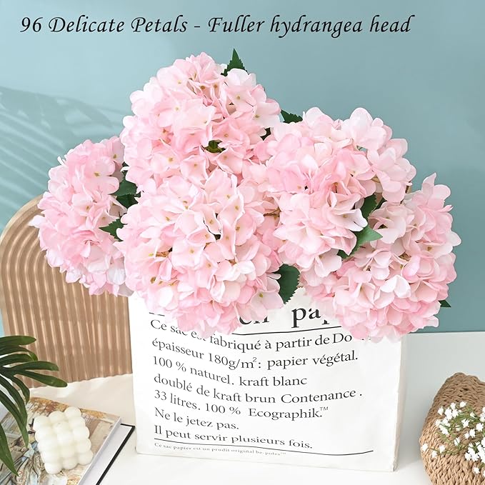BLEUM CADE 8 Pcs Pink Hydrangea Artificial Flowers with Realistic Stems, 18In Large Fake Pink Flowers, Faux Flower for Home Party Decor Outdoor Wedding Bouquets Table Centerpieces Decoration