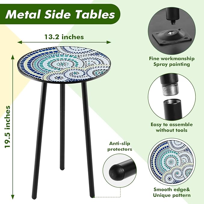 2 Packs Metal Mosaic Round Side Tables 13.4" Small Outdoor Patio Round Accent Coffee Tables Indoor Corner Stand for Small Spaces Weather-Resistant for Balcony, Porch Plant Stands Indoor