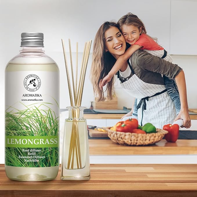 Lemongrass Diffuser Refill 34 Fl Oz (2x17 Fl Oz) - Fresh & Long Lasting Fragrance - Refill with Natural Essential Lemongrass Oil - for Aromatherapy - Spa - Home - Reed Diffuser Oil Refill Lemongrass